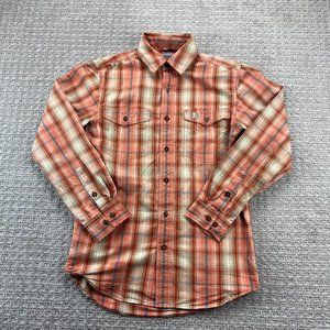 Carhartt Shirt Men Small S Orange Brown Blue Plaid Button Up Relax Fit - STAINS